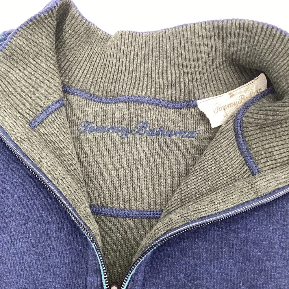 Tommy Bahama Reversible Quarter Zip Sweater Men XL Navy Blue Olive 100% Cotton